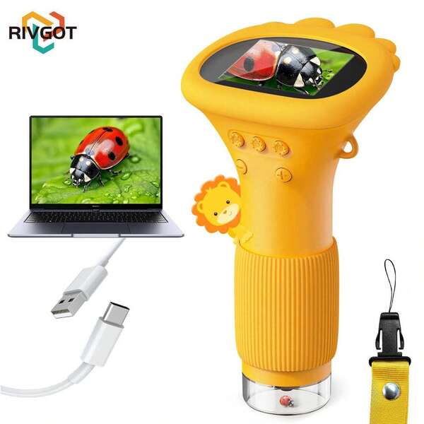 RIVGOT Kids Microscope Pocket Microscope -1000X Portable Microscope For Kid | Photo And Video Mini Microscopes | 2'' Digital Little Scientist Microscopes For 3-10 Age Years Old Boys Girls Toys Gifts