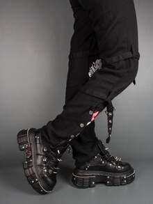 女士平底朋克踝靴，黑色圆头高跟运动鞋，厚底软底摇滚踝靴，系带休闲橡胶滑板鞋 - 黑色 - 查看 9