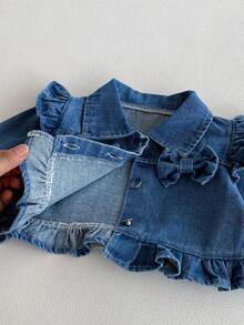 1pc Girls Denim Jacket, Spring/Autumn, Ruffled Collar, Bow Decor, Short Stylish Cropped Denim Top - 藍色 - 查看 5