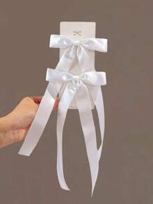 2pcs Girls' Simple Fashion Cute Daily Versatile Satin Ribbon Bow Hair Clips, Multi-Size - White - View 6
