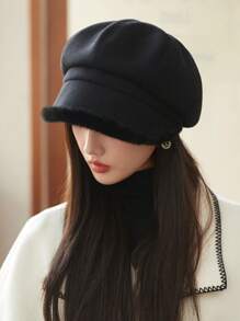 1pc Women's Autumn Warm Windproof Thick Fluffy Edge Octagonal Hat, Painter Cap, Newsboy Cap, Suitable For Daily Use Winter Fall - Fur Brim Octagonal Hat - View 8