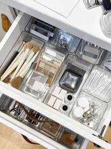 Bandeja de armazenamento de gaveta de mesa de plástico transparente de 1/5/6/11 peças, conjunto de acabamento de gaveta, caixa de armazenamento de cosméticos, adequada para armazenar cosméticos e joias, pode ser usada em banheiros e para colocar itens pequenos, e também pode ser usada em quartos e escritórios.