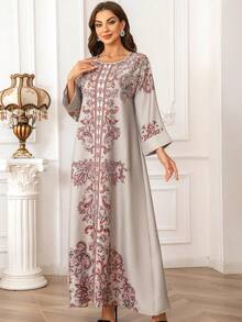 女士印花圆领钻石和珍珠装饰长袖 Jalabiya 连衣裙，优雅大方 - 2406-3 - 查看 3