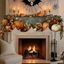 1pc/72pcs Autumn Harvest Festival Thanksgiving Blue Pumpkin Maple Leaf Pattern Fireplace Towel - Autumn Themed Polyester Table Runner, Perfect For Home Living Room Decoration, Tablecloths, Flags, Banners, And Fireplace Covers, Autumn Home Decor