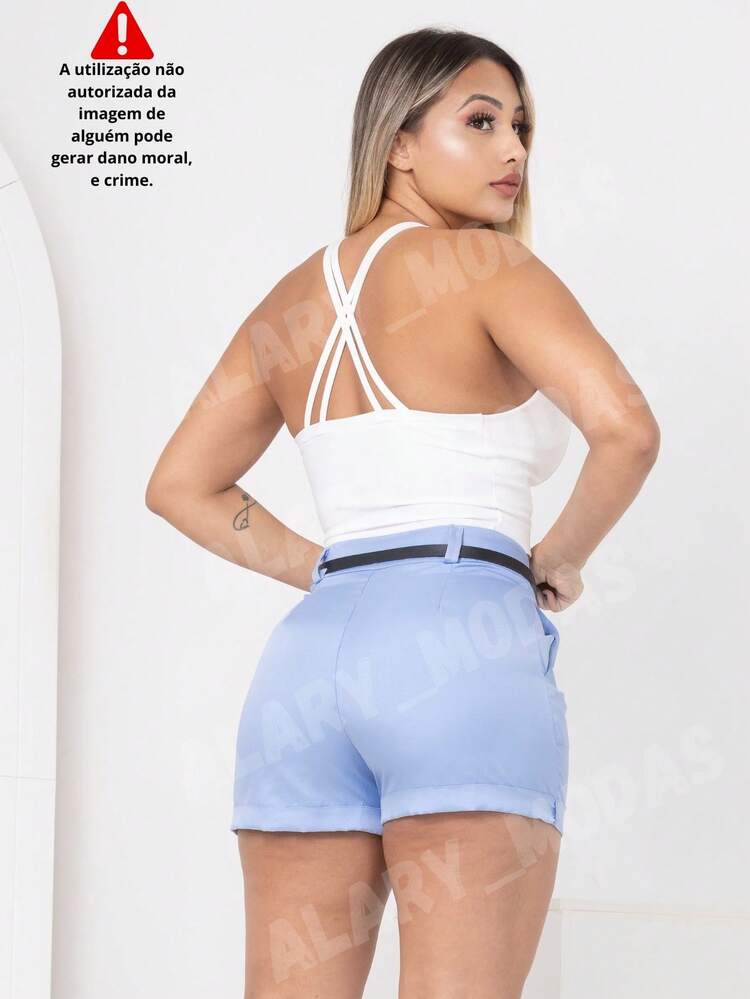 Women's Tailored Shorts High Waist With Golden Flower Belt And Pockets Summer Fashion From S To G3 Plus Size - 淺藍色 - 查看 2