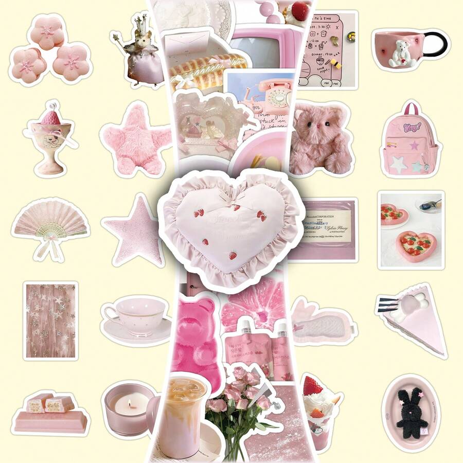 50pcs Pink Cute & Gentle Ins Style Minimalist Decorative Stickers For Bookshelf, Refrigerator, Wall, Picture Books - Multicolor - View 1