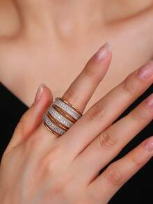 1pc Women's Copper Plated Simple Splice Gold Ring With Inlaid Rhinestones, Stylish Design, Suitable For Gift, Everyday And Holiday Wear - 011278 - View 9