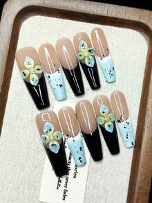 10片手工可佩戴美甲贴纸，法式双色，3D恶魔花设计，时尚高端，可重复使用，送给女孩的最佳礼物，手工按压式美甲 - 彩色 - 查看 2