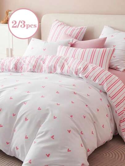2/3 piezas Pequeño amor, rayas rosas, romance, súper suave, estudiante Sushe, dulce y encantadora niña, estudiante, niños y niñas, estudiante de escuela, vestimenta de dormitorio, juego de funda nórdica y funda de almohada lavado y desgastado para primavera y verano tamaño individual, queen, king