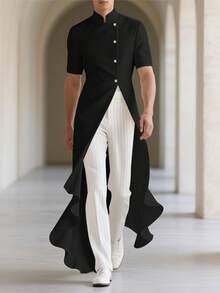 INCERUN Fashion Mens Stand Collar Button Front  Short Sleeve Ruffles Hem Blouse Holiday Casual Party Long Shirt Tops - màu đen - Xem 1