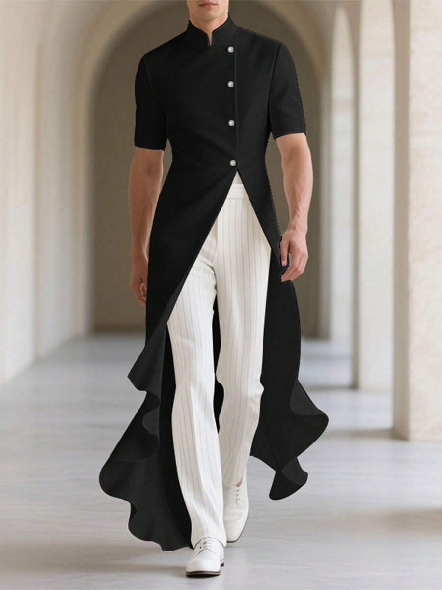 INCERUN Fashion Mens Stand Collar Button Front Short Sleeve Ruffles Hem Blouse Holiday Casual Party Long Shirt Tops - màu đen - Xem 1