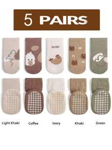 5pcs/Pack Baby & Toddler Anti-Slip Socks With Grips, Suitable For Girls And Boys