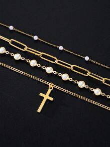 4pcs Elegant Luxurious Sexy Women Friendship Flower Gold Tone Cross Faux Pearl Necklace Set, Layered Long Necklaces For Daily, Party, Wedding Occasions