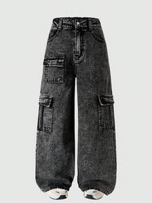 青少年男童休闲工装阔腿纽扣口袋牛仔裤