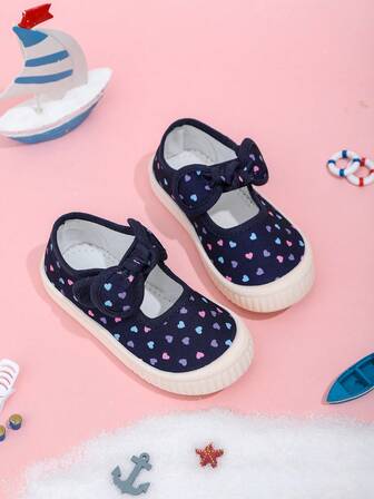 Kids' Soft & Comfortable Wide-Fit Sports Shoes, Suitable For Indoor & Outdoor Wear In Spring, Summer, Autumn And Winter, Cute Bow & Hook And Loop Design For Little Girls Canvas Shoes