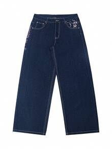 Fashionable Cherry Blossom Embroidered Vintage Wide Leg Loose Fit Jeans - Dark Wash - View 10