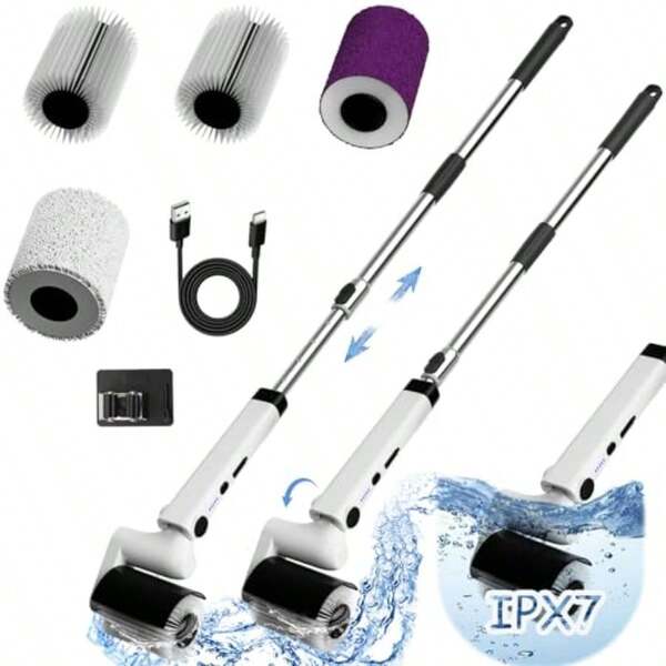 Yisigal Electric Spin Scrubber Cordless Power Scrubber With Adjustable Handle 4 Brush Heads For Bathroom Shower Floor Tile Car TypeC Charging 150+ Mins Runtime