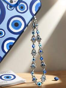 1pc Blue Evil Eye Beaded Phone Strap, Zinc Alloy Charm Pendant Suitable As Gift For Colleagues - Blue - View 3