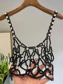 1pc Handmade Beaded Hollow Faux Pearl & Rhinestone Boho Style Necklace Chain Jewelry Accessory For Women, Suitable For Dates, Weddings, Parties, Summer Beach Vacation And Daily Wear