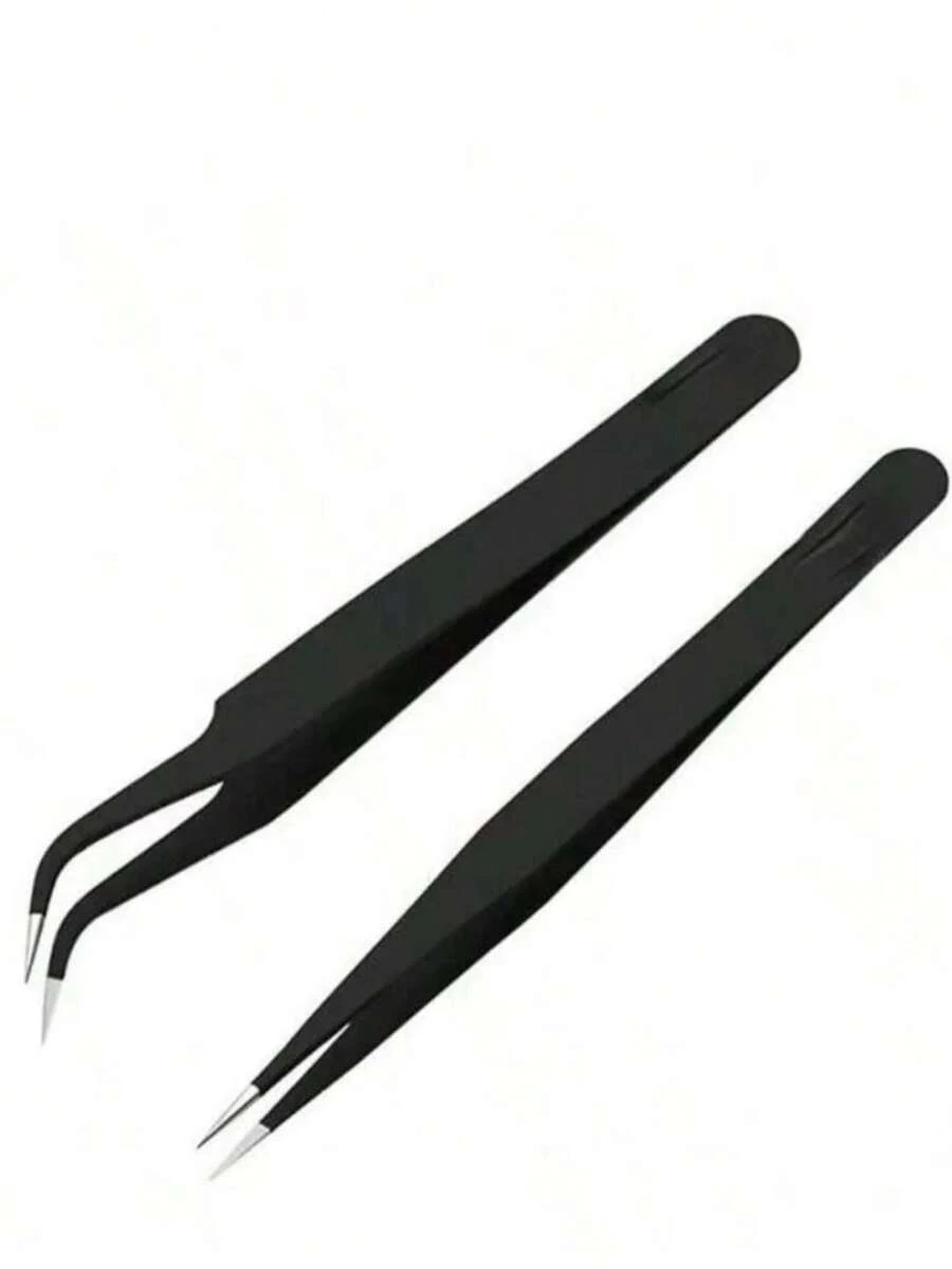 2 件套美甲不锈钢镊子，黑色弯头手帕，挑毛美甲，睫毛嫁接，直头镊子 - 黑色 - 查看 1