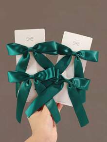 2pcs Girls' Simple Fashion Cute Daily Versatile Satin Ribbon Bow Hair Clips, Multi-Size - Dark Green - View 3