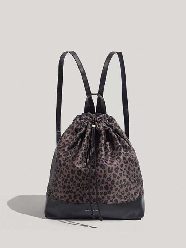 Fashionable Leopard Print Minimalist Drawstring Backpack, Large Capacity, Lightweight, College Style, Celebrity Same Style