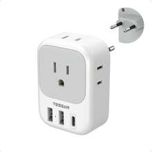 Adaptador Europeo Viaje, Universal Europa Enchufe de Corriente con 3 USB (1 USB C), Cargador Tipo C con 4 Salidas CA, Travel Essentials Adapter Americano\/México a Europa para Italia, España - Blanco y Gris - Ver 1