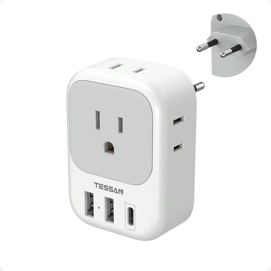 Adaptador Europeo Viaje, Universal Europa Enchufe de Corriente con 3 USB (1 USB C), Cargador Tipo C con 4 Salidas CA, Travel Essentials Adapter Americano\/México a Europa para Italia, España - Blanco y Gris - Ver 1