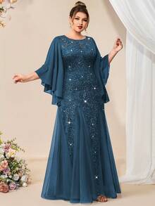 优雅蝴蝶袖雪纺花卉亮片蕾丝撞色网纱鱼尾下摆晚礼服，高贵典雅的正式舞会礼服，婚礼宾客礼服，适合情人节、生日、毕业典礼、宴会、节日及其他场合的春季派对。 - 霧霾藍 - 查看 7