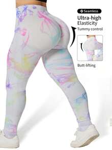 Plus Size Women Seamless High-Waisted Yoga Pants, Oversized Yoga Pants Are Very Fat, Can Be Worn With A High Waist And Nude. They Are 9/10 Plus Size Leggings, Yoga Pants And Leggings Yoga Pants Plus Size Plus Size Gym Clothes Tie-Dye - 白印花 - 查看 5