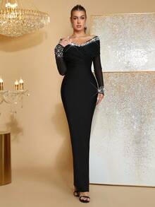新款手工串珠水钻装饰性感露肩长袖紧身连衣裙，优雅适合婚礼宾客、节日派对、女士正式晚礼服 - 黑色 - 查看 2