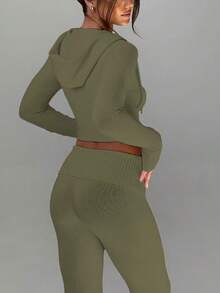1pc Women's Fashionable Sexy Casual Solid Color Zipper Sweater - Olive Green - View 2