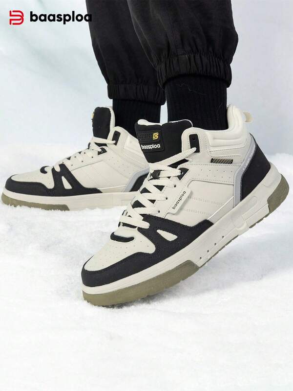 baasploa 1 paire de bottes de neige de sport de rue pour hommes, bloc de couleurs beige & noir, composite multicouche en microfibre, doublure en polaire chaude, semelle épaisse antidérapante, bottes d'hiver décontractées pour l'extérieur