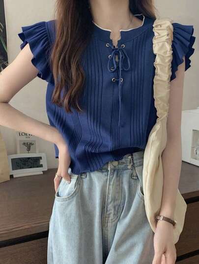 Áo len tay ngắn màu tương phản ôm sát dành cho nữ, mùa hè