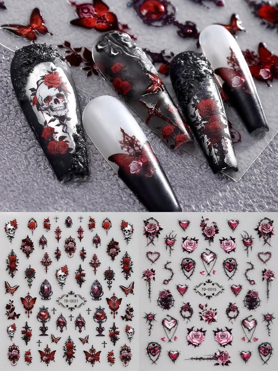 Beauty Sticker 2片装5D万圣节美甲贴纸，浮雕果冻哥特玫瑰骷髅刺心形自粘美甲贴花，适合女性万圣节DIY美甲用品