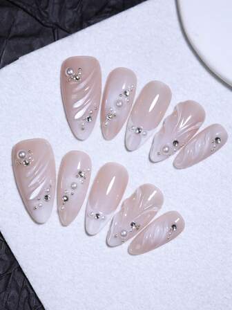 10 件套杏仁色 3D 水波纹手工指甲法式渐变乳白色和卡其色美甲设计按压指甲，带光泽和闪光水钻，适用于美甲 DIY 美甲美容产品，适合四季日常生活和派对美甲用品