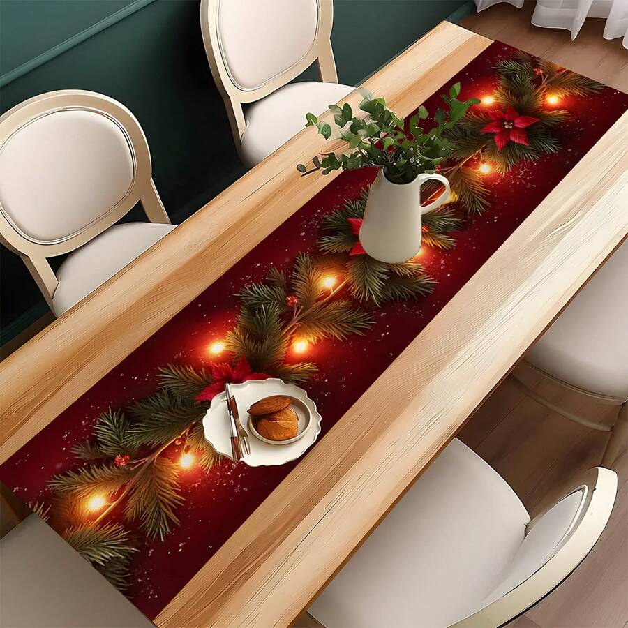 1 pieza Bandera de mesa decorativa con rama de pino navideña y farol rojo, de poliéster. Diseño de patrón realista y duradero. Bandera de mesa perfecta para decorar la fiesta de Navidad familiar, la mesa del hogar. Suministros de decoración para Año Nuevo 2026, decoración navideña, adornos navideños, regalos de Navidad, decoraciones navideñas para el hogar 2026