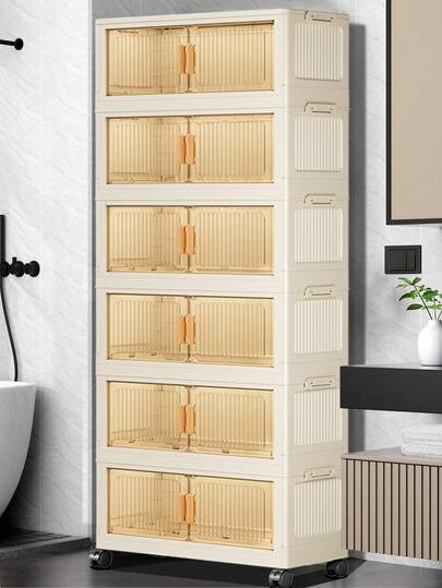 1pc 40cm/50cm/60cm Width Folding Storage Cabinet, Clothes Closet Storage Box, Home Storage Portable Wardrobe, Double Door Folding Box, 1-6 Layers Optional, Thickened Double Door With Wheels Storage Cabinet, Home Use No-Installation Shelving Unit, Organize Clothes & Toys Plastic Folding Storage Cabinet