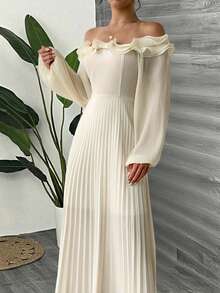 Women's Elegant Off Shoulder Pleated Ruffle Hem Dress, Suitable For Banquet And Party, Autumn/Winter - Apricot - View 5