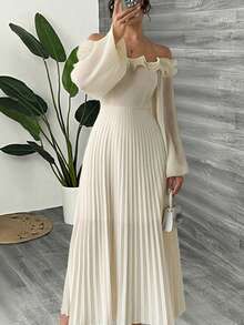 Women's Elegant Off Shoulder Pleated Ruffle Hem Dress, Suitable For Banquet And Party, Autumn/Winter - Apricot - View 1