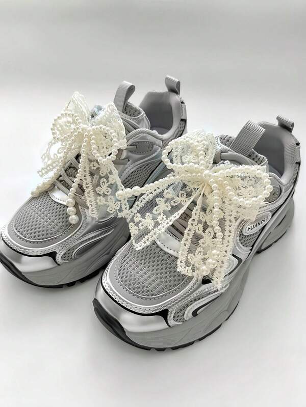 1 Stück Europäischer & Koreanischer Stil Kunstperlen Spitze Schleife Schuhclip, modische vielseitige abnehmbare Schuh Accessoire, süß & niedlich zu tragen, perfektes Geschenk