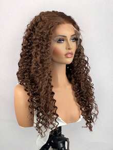 巧克力棕色卷发鲍勃假发 13x4 蕾丝前假发,预拔婴儿头发,200% 密度深波浪假发混合发假发 14 英寸深波浪巴西卷发水波蕾丝假发混合发质基础款,适合所有女性用户 - 棕色 - 查看 6