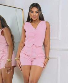 Women's Tailored Set: Vest And Formal Shorts - Màu Hồng baby - Xem 1