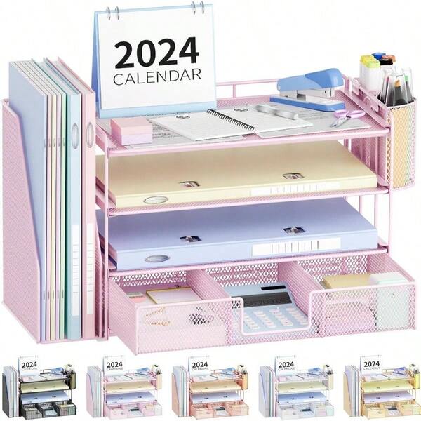 Desk Organizer And Accessories, 4Tier Desktop File Organizer With Drawer And 2 Pen Holders, Office Desk Accessories For Office SuppliesBlack
