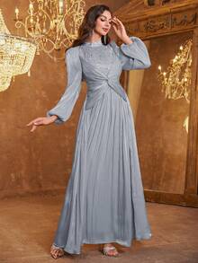 女士立领扭腰串珠优雅长灯笼袖撞色连衣裙，适合婚礼、春季派对等场合 - 灰藍色 - 查看 6