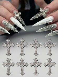 10 件欧美风格水钻合金心形十字架指甲饰物，Y2K 金属风格 DIY 大号指甲宝石，3D 艺术指甲钻石首饰指甲配件美甲用品美甲用品 - 彩色 - 查看 1