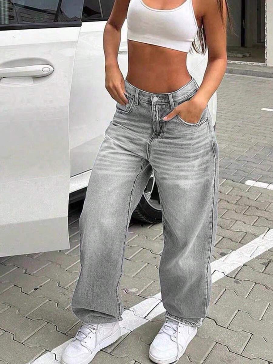 Jeans rectos y sueltos de estilo casual para adolescentes - Gris - Ver 1