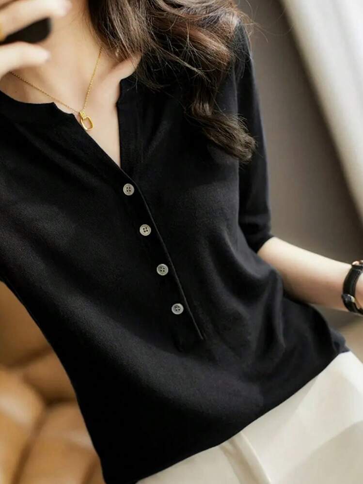 Women's Solid Color V-Neck Short Sleeve Knit T-Shirt, Lightweight, Loose Fit, Slimming, Fashionable, Minimalist, High-End - Black - View 4