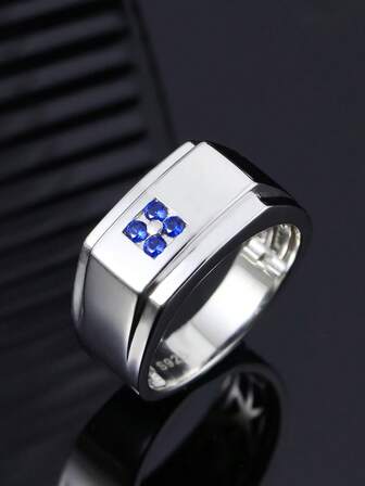 1pc Minimalist Business Style Men's Ring, S925 Silver, Inlaid Lab-Created Blue Sapphire, Suitable For Business, Commute, Party, Gathering, High-Quality Gift For Mother's Day, Father's Day