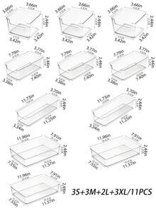 Bandeja de armazenamento de gaveta de mesa de plástico transparente de 1/5/6/11 peças, conjunto de acabamento de gaveta, caixa de armazenamento de cosméticos, adequada para armazenar cosméticos e joias, pode ser usada em banheiros e para colocar itens pequenos, e também pode ser usada em quartos e escritórios.